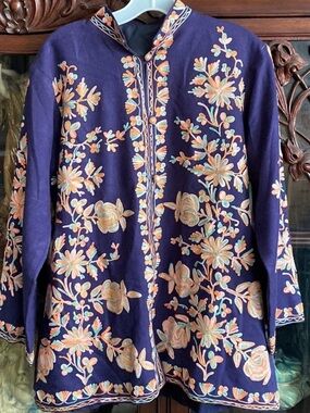 Kashmiri Ethnic Hand Aari Work Embroidered Navy Blue Floral Wool Jacket Nehru